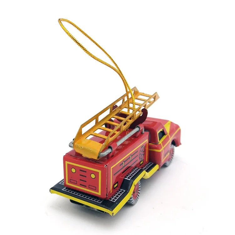 [Funny] Adult Collection Retro Wind up toy Metal Tin fire truck scaling ladder car pendant Clockwork toy model vintage toy gift