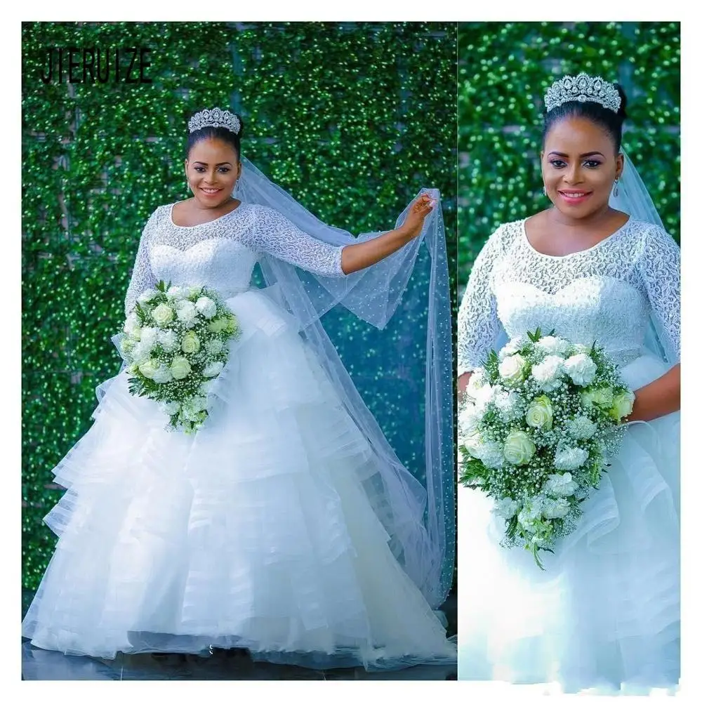 JIERUIZE Gaun Pernikahan Organza Afrika Elegan Gaun Pengantin Renda Garis A Berjenjang Setengah Lengan Leher Rendah Vestido De Noiva