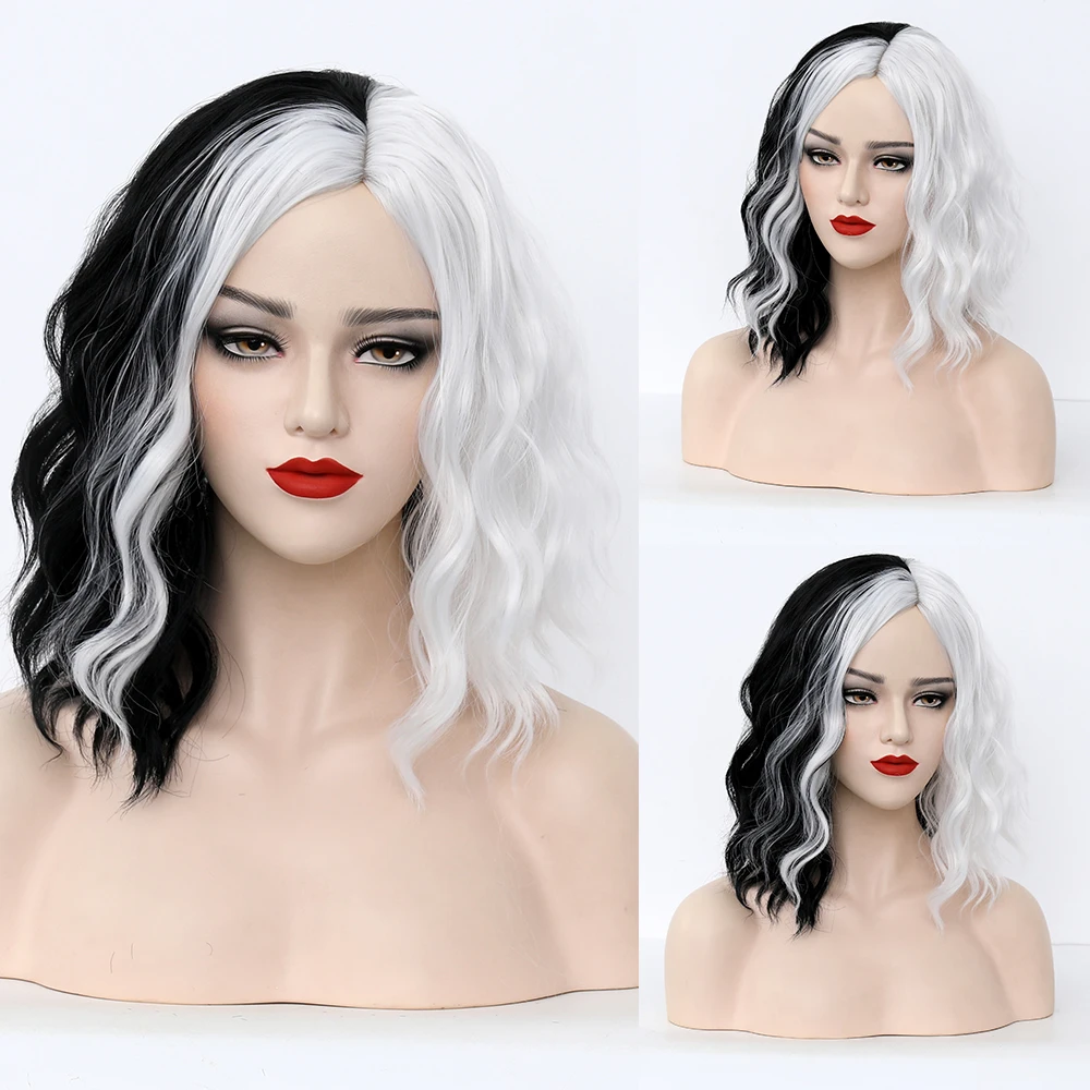 New CRUELLA De Vil Cosplay Wig Half White Half Black Synthetic Short Wavy Wigs With Bangs For Women Heat Resistant Natural Hair