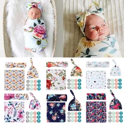 1 Set Newborn Baby Swaddle Blanket Soft Cotton Baby Muslin Blanket Beanie Hat Headband Set for 0-3 Months Baby Girls Boys