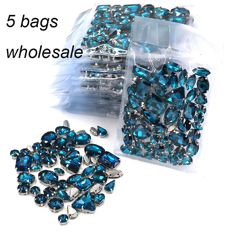 Best seller Clothing accessories Wholesale 5 bags mixed shape glass crystal Peacock blue sew on rhinestones diy wedding dress