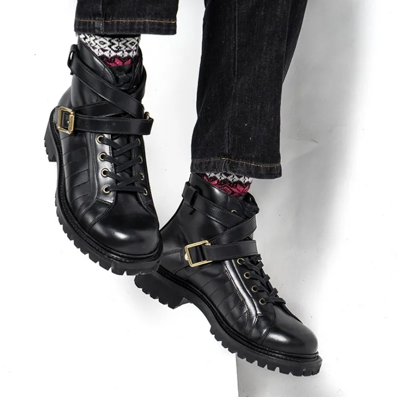 High Quality Vintage Mens Motorcycle Boots Handmade Cowhide Genuine Leather High Top Work Shoes Buckle Strap Punk Boots Male