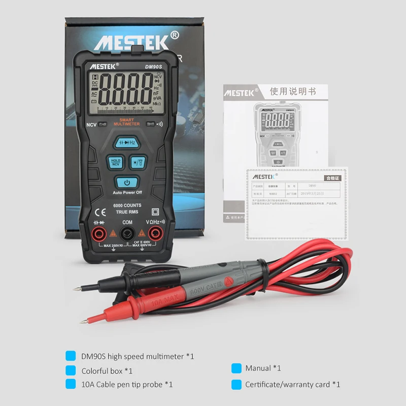 Multímetro universal inteligente completo de alta velocidade de dm90s ncv verdadeiro rms multímetro digital automático anti-queima portátil inteligente