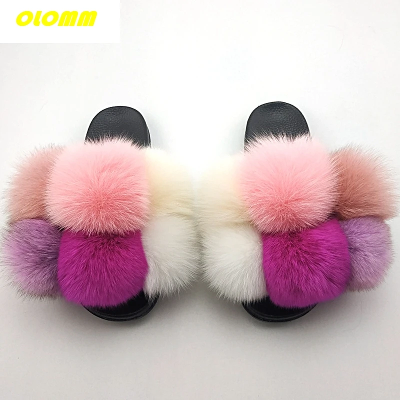 Wholesale  Women Real Fox Fur Slides Home fluffy Flat Sandals Female Cute Fluffy House Shoes Woman raccoon fur slides