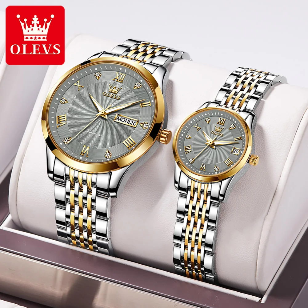 Olevs-reloj mecánico automático para hombre y mujer, pulsera con pantalla de fecha, correa de acero inoxidable, marca de lujo