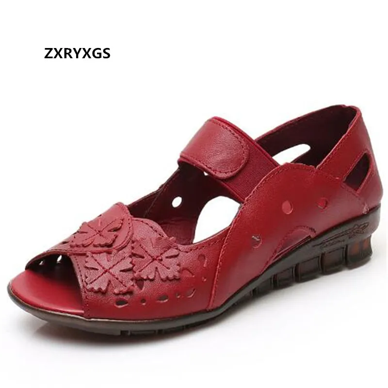 2024 New Summer Fish Mouth Hollow Soft Cowhide Soft Sole Summer Women Sandals Flat Non-slip Mom Sandals Fashion Casual Sandals