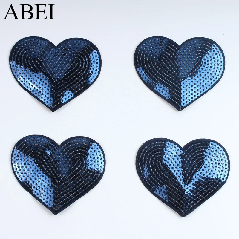 10pcs Embroidered Royal Blue Patches Iron On Sequined Heart Patch Glittle Fabric Appliques For Jeans Backpack Shoes Coats Pants