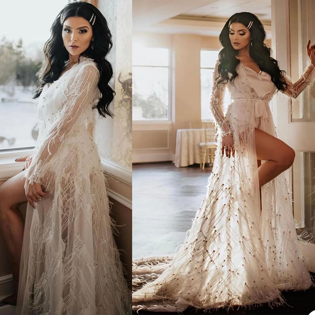 Beading  Bridal Wedding Bathrobes Women Winter Feather Long Sleeve Maternity Dress Prom Gown Photo Shoot Robe Evening Gowns