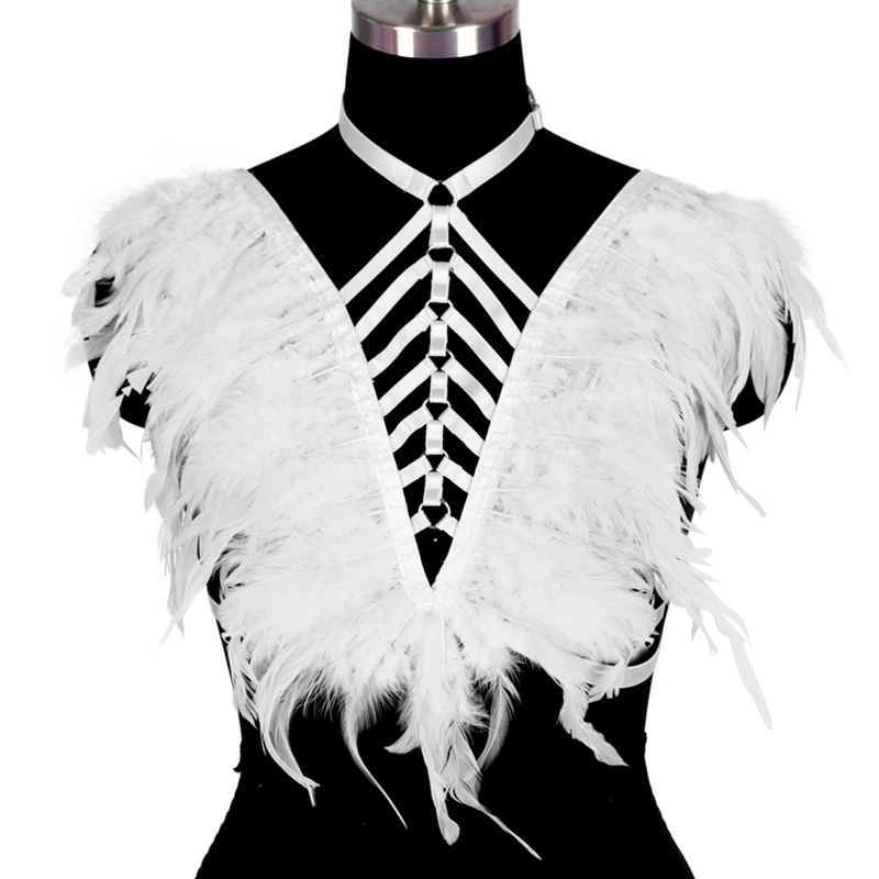 

Women Sexy Natural Feather Crop Top Strappy Harness Hollow Out Cage Bra Goth Body Bondage Adjustable Belt Festival Rave Fetish