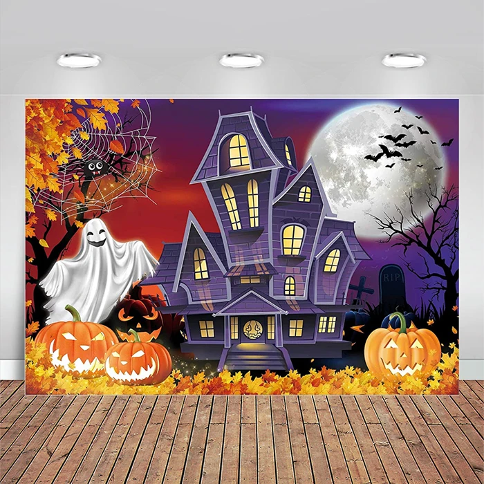 

Halloween Haunted House Backdrop Horror Scary Spooky Ghost Pumkins Night Background Trick or Treat Hallowmas Party Supplies