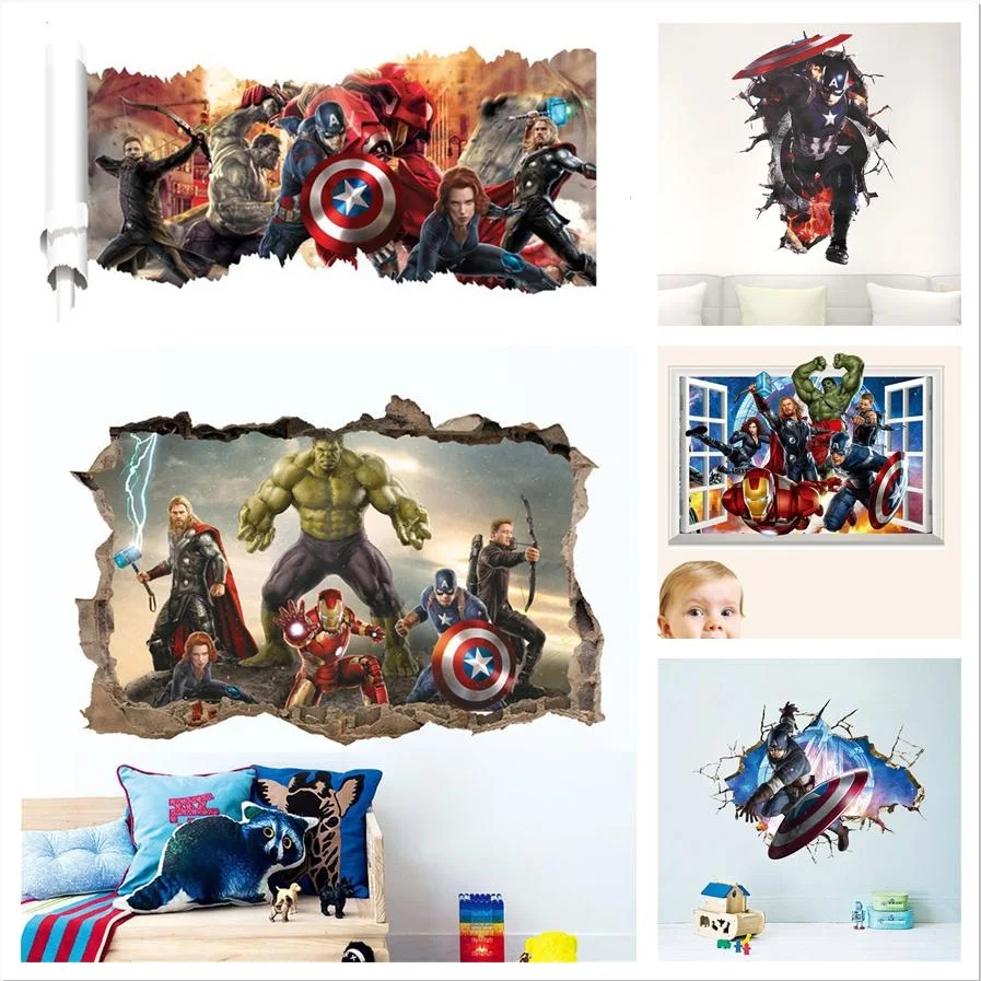 3D Avengers Wall Sticker Living Room Boys Bedroom Decoration Superhero Hulk Movie Poster Self Adhesive Vinyl Decal For Kids Room