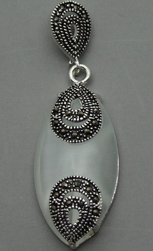 

VINTAGE 925 STERLING SILVER NATURAL CLEAR WHITE OPALS MARCASITE PENDANT 18x40MM