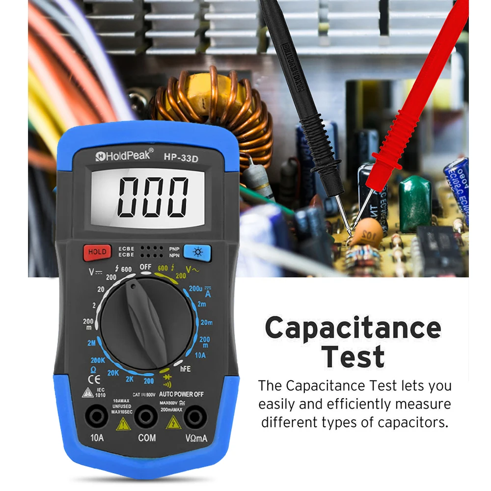 HP-33D Digital Manual Multimeter DC/AC Voltage Current Resistance Diode Tester with Data Hold,Shock Protection,Measuring Cable