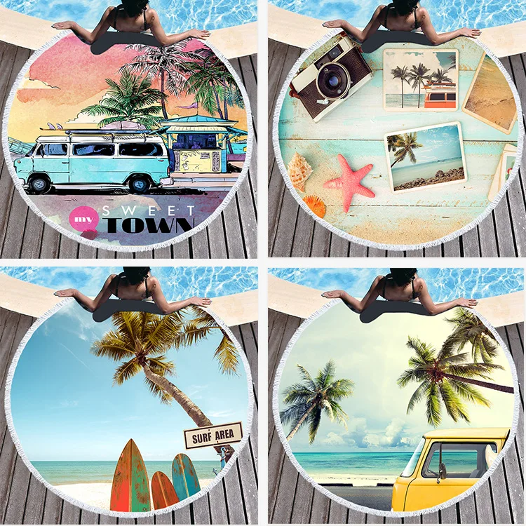 Microfiber Summer Landscape Beach Towel Outdoor Swimming Fitness Quick-drying Absorbent Bath Towel Round Yoga Gym Mat Decoration