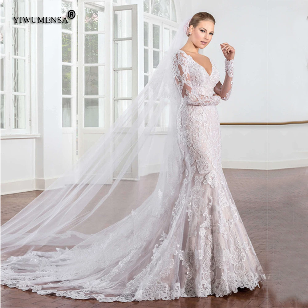 Luxury Lace Mermaid Wedding Dress With Long Sleeves Tulle Bridal Gown Robe De Mariee V Neck Sweep Train Vestidos De Noiva 2020