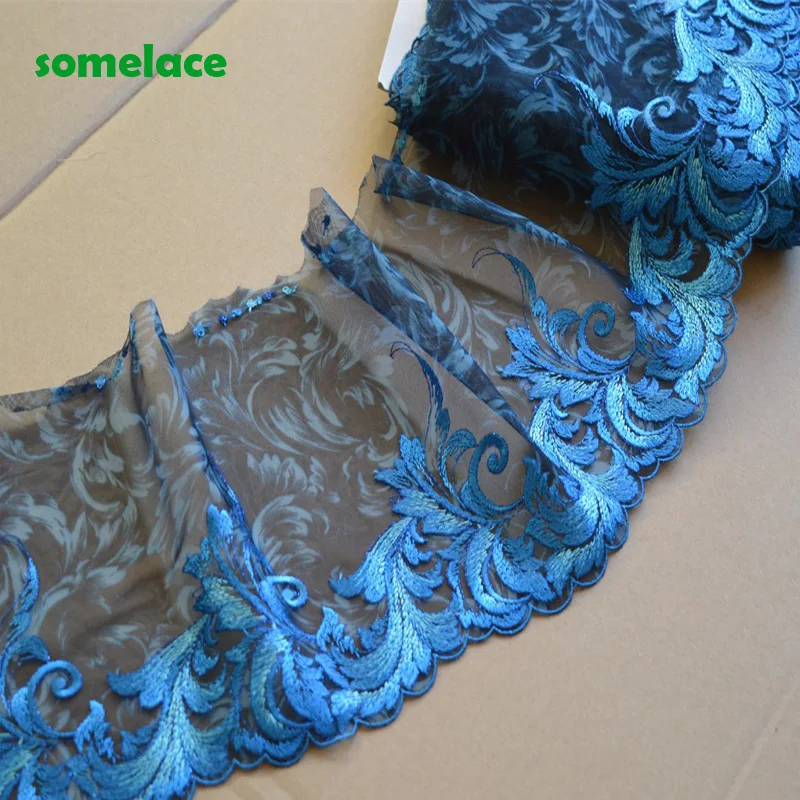 2-15Yds/Lot 18cm Wide Transparent Black Gazue Fluorescent Blue Wavy Style Embroidery High Quality Lace Trim For Garments,Wedding