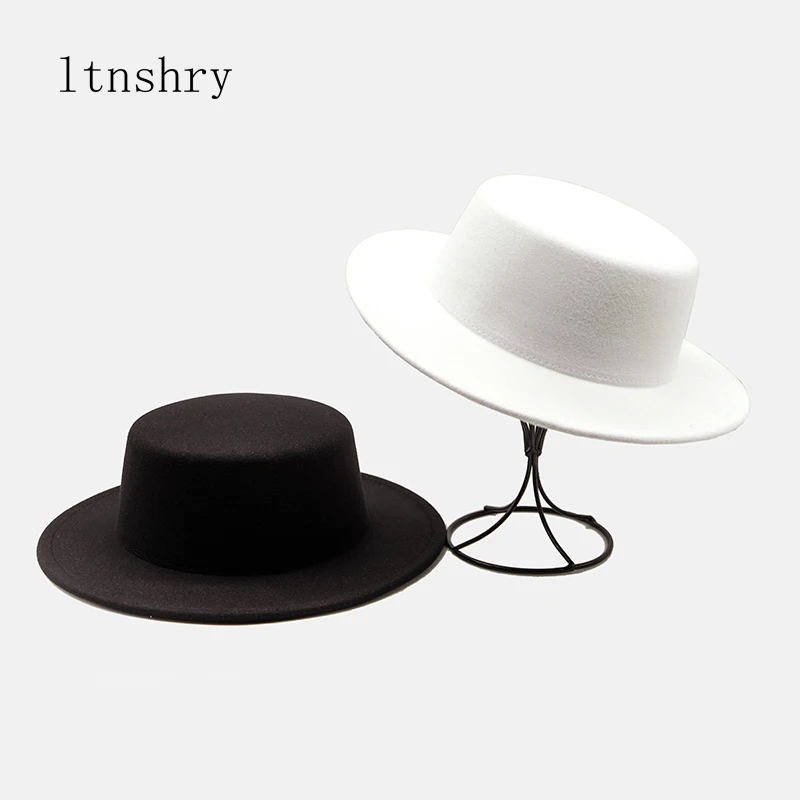 

New 14 colors Flat Top Fedoras Hats for Women Solid Color Imitation Woolen Jazz Cap British Wide Brim Ladies Caps Bowler Hats