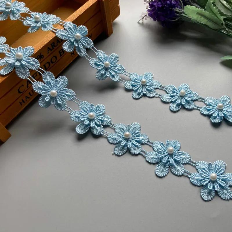 20x Fiocco di neve blu Perla Fiore Lace Trim Tessuto Nastro Applique Mestiere Fascia per capelli fai da te Matrimonio Ricamato Rifiniture Abito da