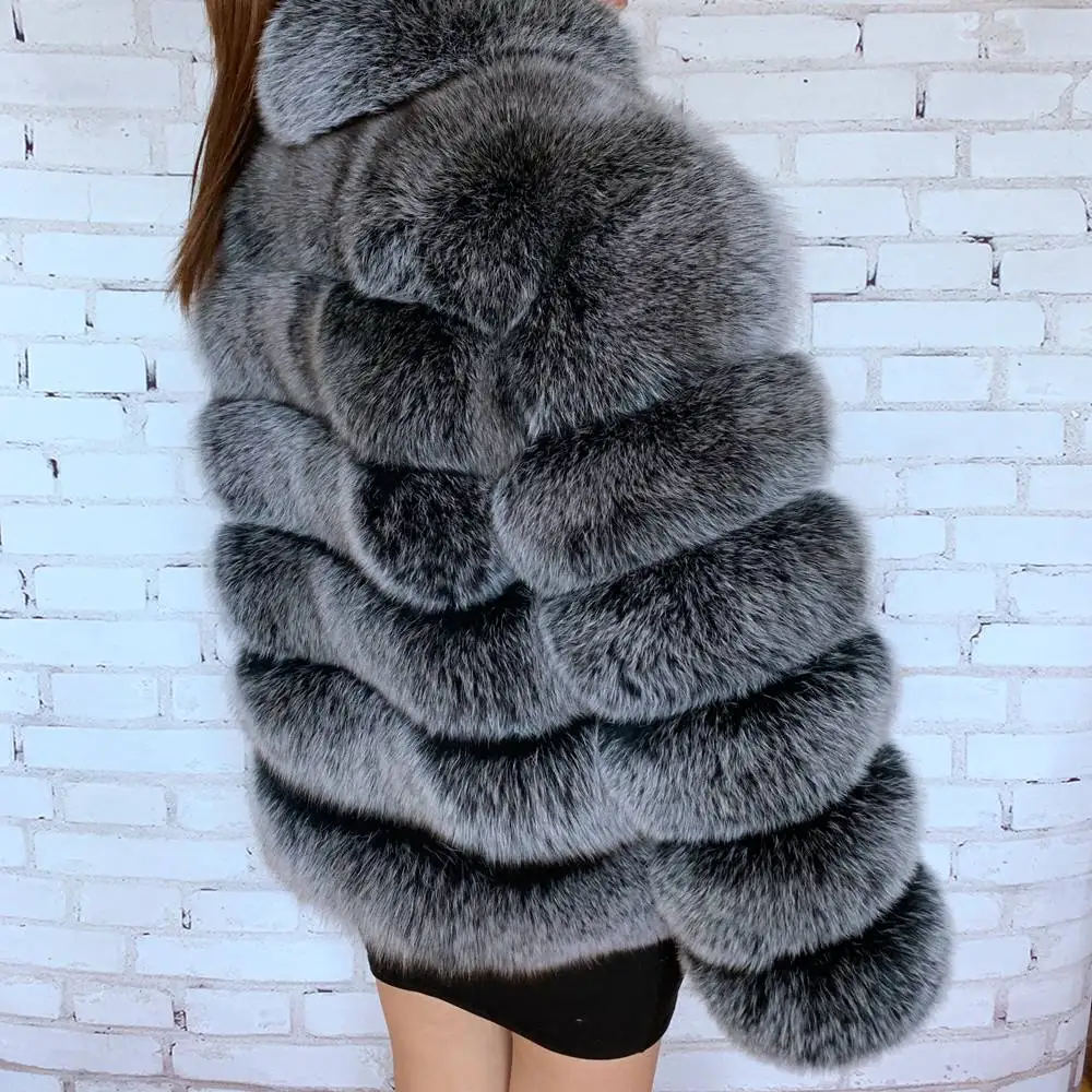 NEW Black frost color Real Fox Fur Coat For Women With Stand Collar Thick Warm Winter Genuine Fox Fur Jacket High Quality Fur