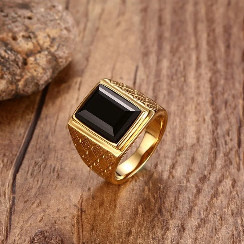 Trend Sophisticated Men Large Inlaid Black Zircon Seal Ring Gold Color Metal Tribal Jewelry Gifts Personality Accessories