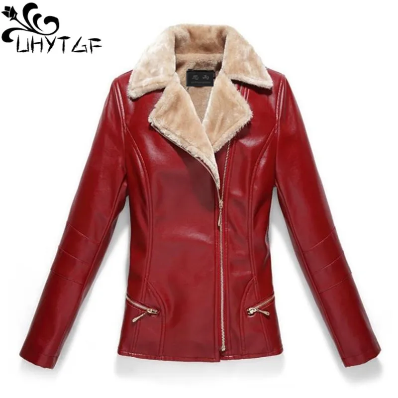 Uhytgf qualidade outono inverno jaqueta de couro velo com zíper casual casaco curto plutônio lavado couro elegante feminino casacos de couro 7xl826