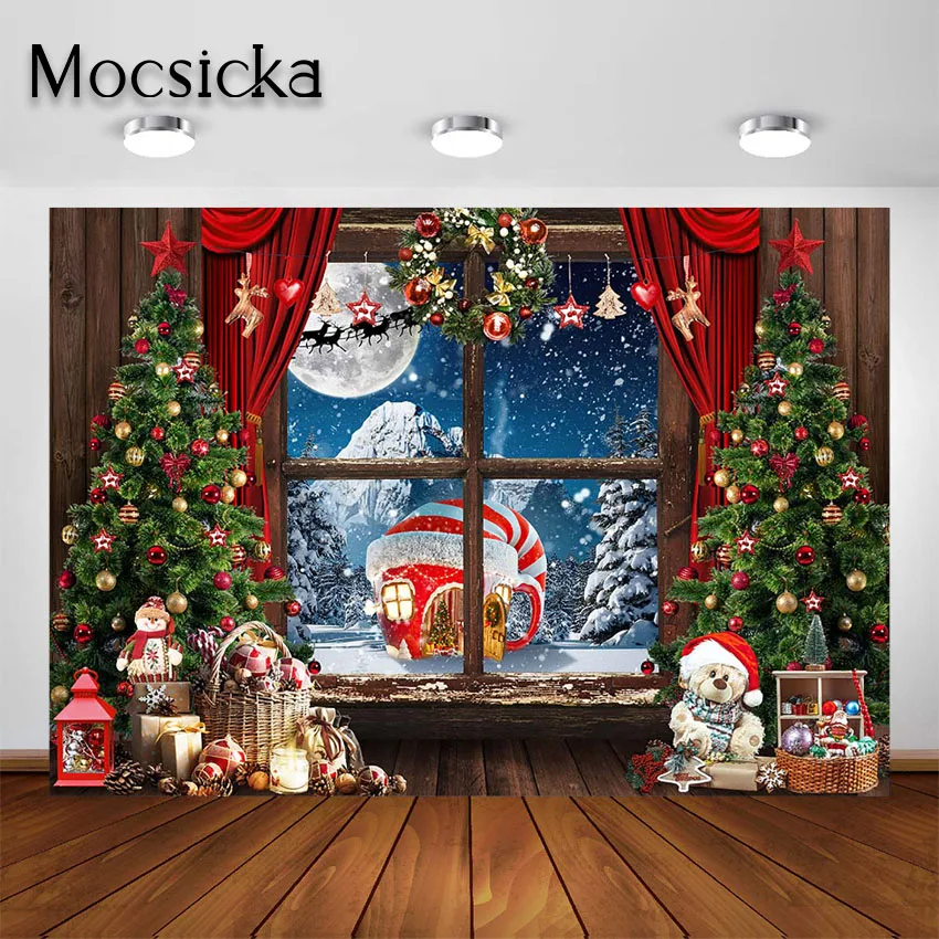 Mocsicka Christmas Backdrops Window Xmas Tree Toy Bear Decor Santa Claus Photography Background for Kids Portrait Photoshoot