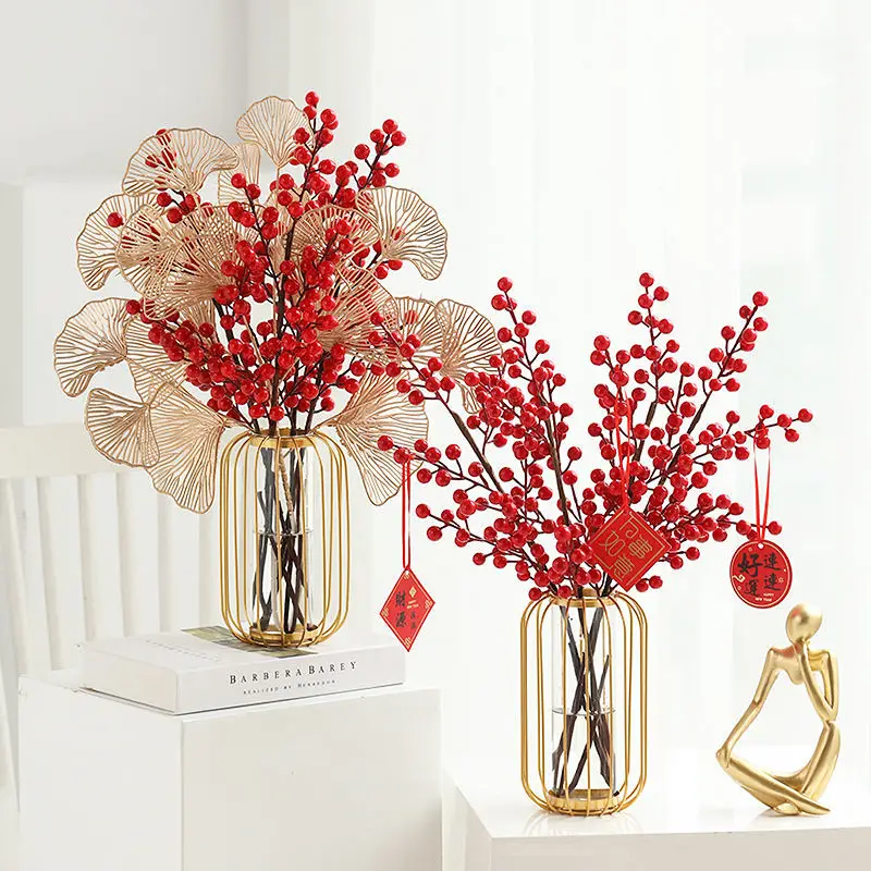 

Chinese Metal Frame Glass Vase Red Fortune Fruit New Year Decoration Home Livingroom Furnishing Crafts Coffee Table Accessories