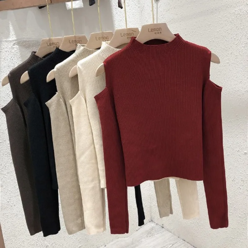 Women Sweaters Knitwear Slim-Fit Pullover Solid Colors Off The Shoulder Lady Top Elegant Slim Fit Bodycon Pullovers Autumn 2022