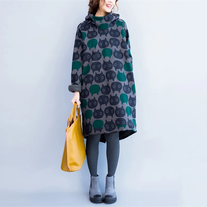 Oversized  Women Hoodies & Sweatshirts Winter Thickening Warm Cotton Fashion Female Cat Print Big Size Casual Turtleneck Dress