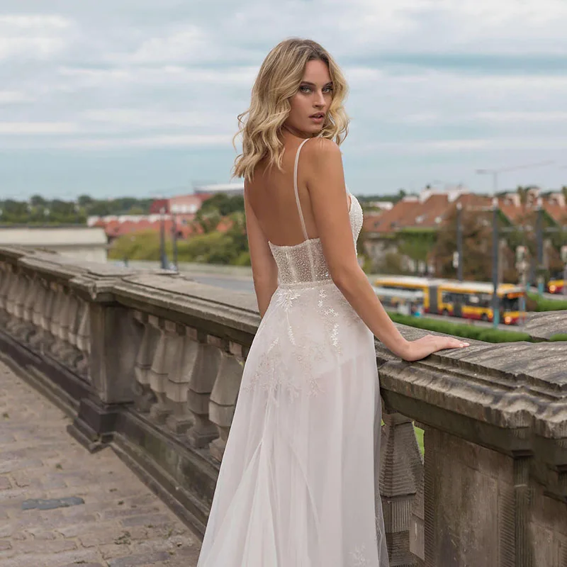 Robe de Mariée Simple à Fente Haute et Dos Ouvert, en Fibtulle, avec Bretelles Spaghetti et Paillettes, Grande Taille, 2024