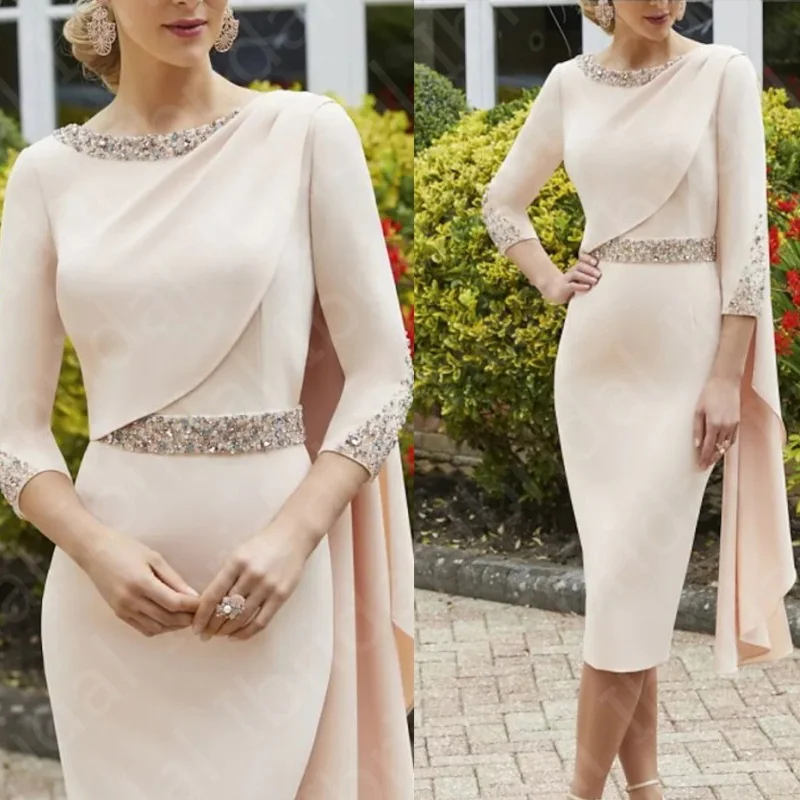 Charming Nude Rosa Kurze Mutter der Braut Kleider Perlen Tee Länge Hochzeit Party Kleider 3/4 Ärmeln Mutter Kleid Perlen