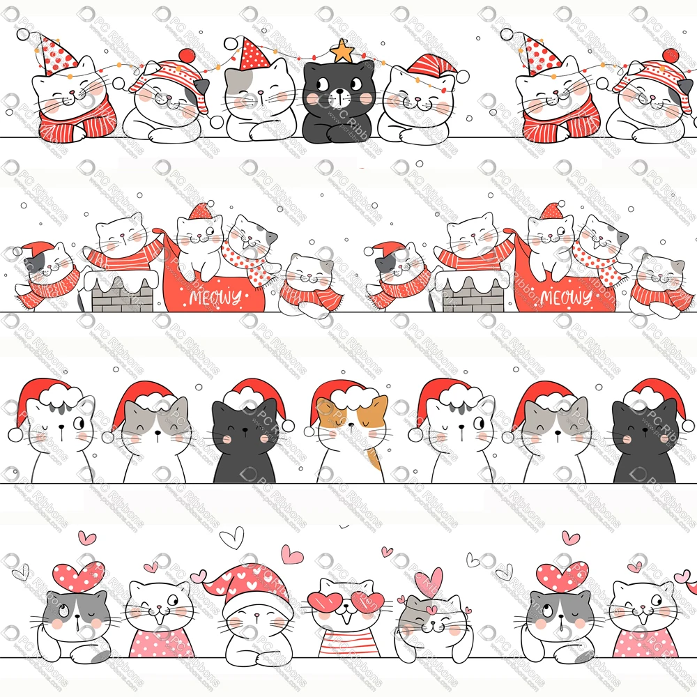 

1-1/2" Cartoon Christmas Cute Cat Printed Custom Design Ribbons for DIY Crafts Hair Bow 3" Lanyard/Satin /Grosgrain Ribbon CA284