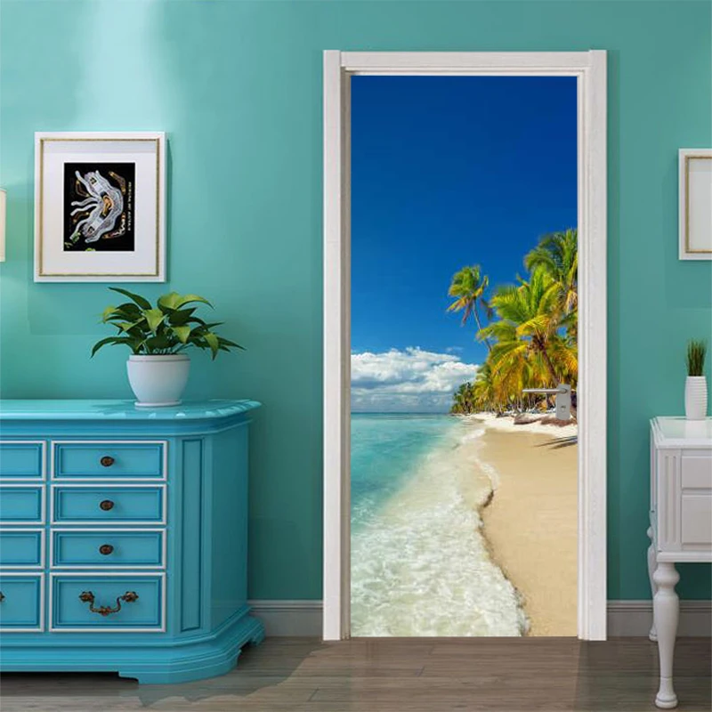 Self-adhesive beach sea view art door stickers home decoration door cover wall stickers mural porch wallpaper poster