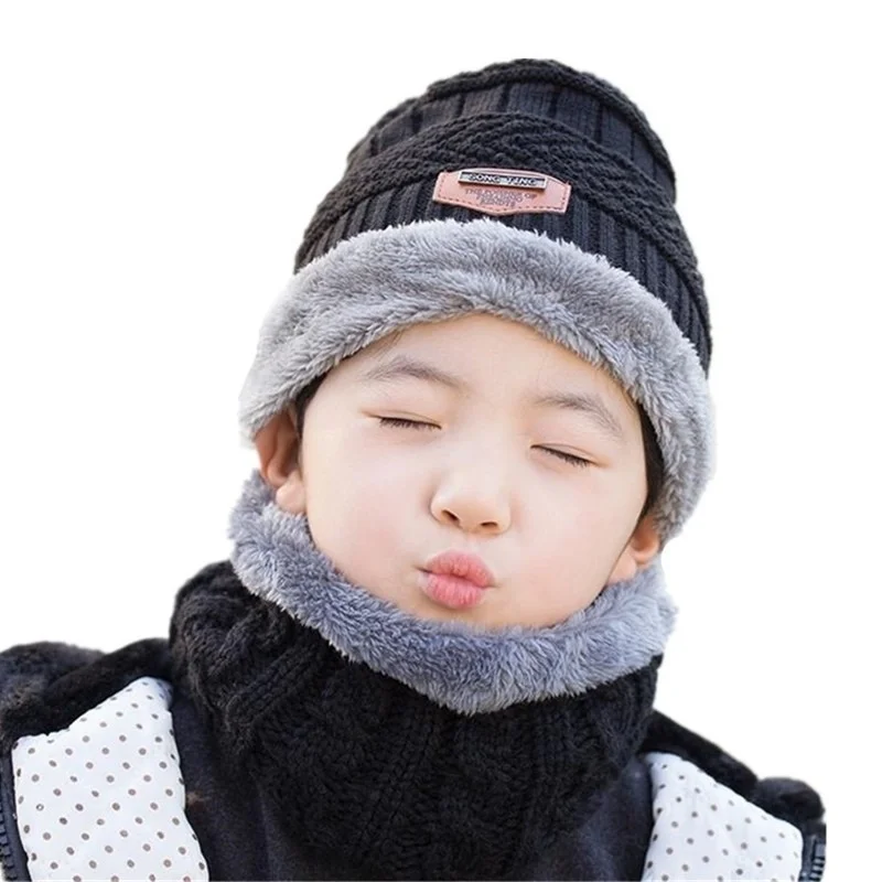 

Simple Parent Child 2Pcs Super Warm Winter Balaclava Wool Beanies Knitted Hat And Scarf For 5-10 Years Old Girl Boy Girl