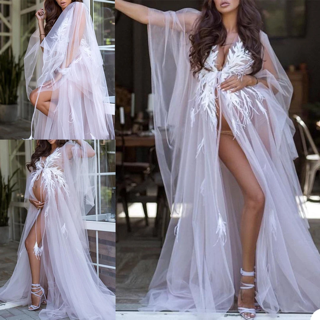 

White Maternity Dress Kimono Women Dresses Robe for Photoshoot Appliqued Feather Sleeves Prom Gowns African Cape Cloak