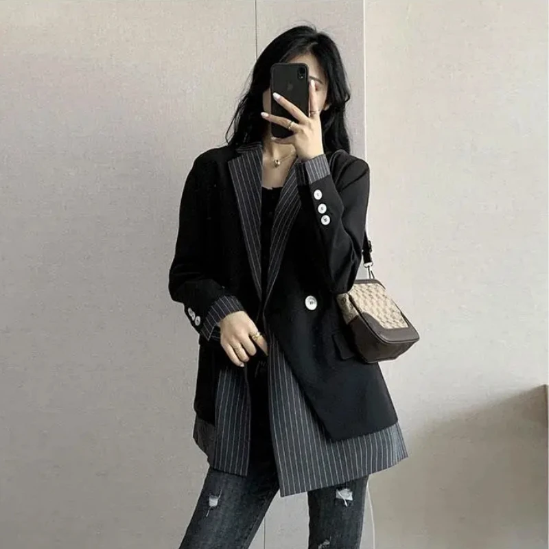 Women\'s Casual Black Blazer, Patchwork Jacket, Office Coats, Autumn, New Arrivals, 2024