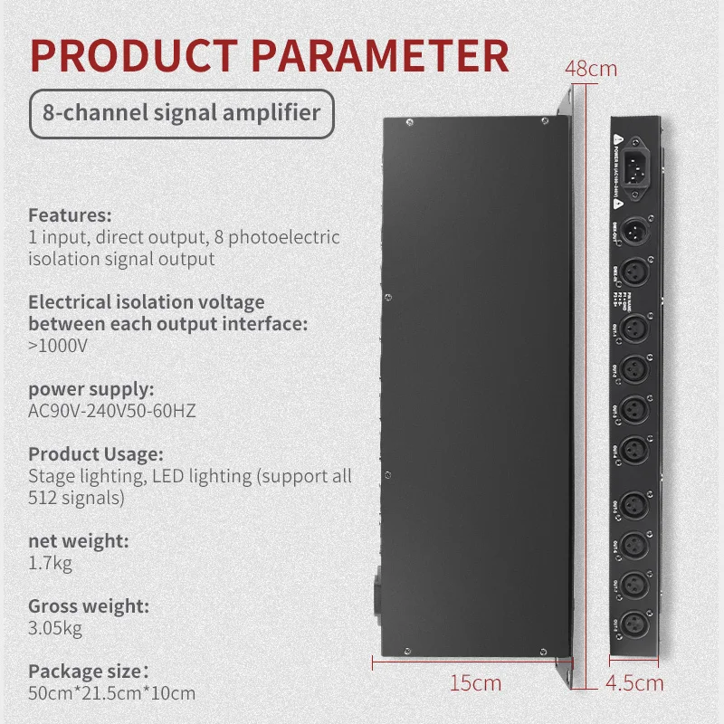 DMX Control Projector Amplifier Splitter Signal Distributor Repeater DMX512 Signal Output 8 Channel for  Stage Equipment