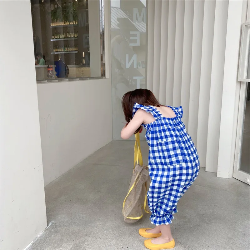 Girls Plaid Jumpsuit 2022 Summer New Girls Bib Korean Cropped Pants Baby Bud Pants