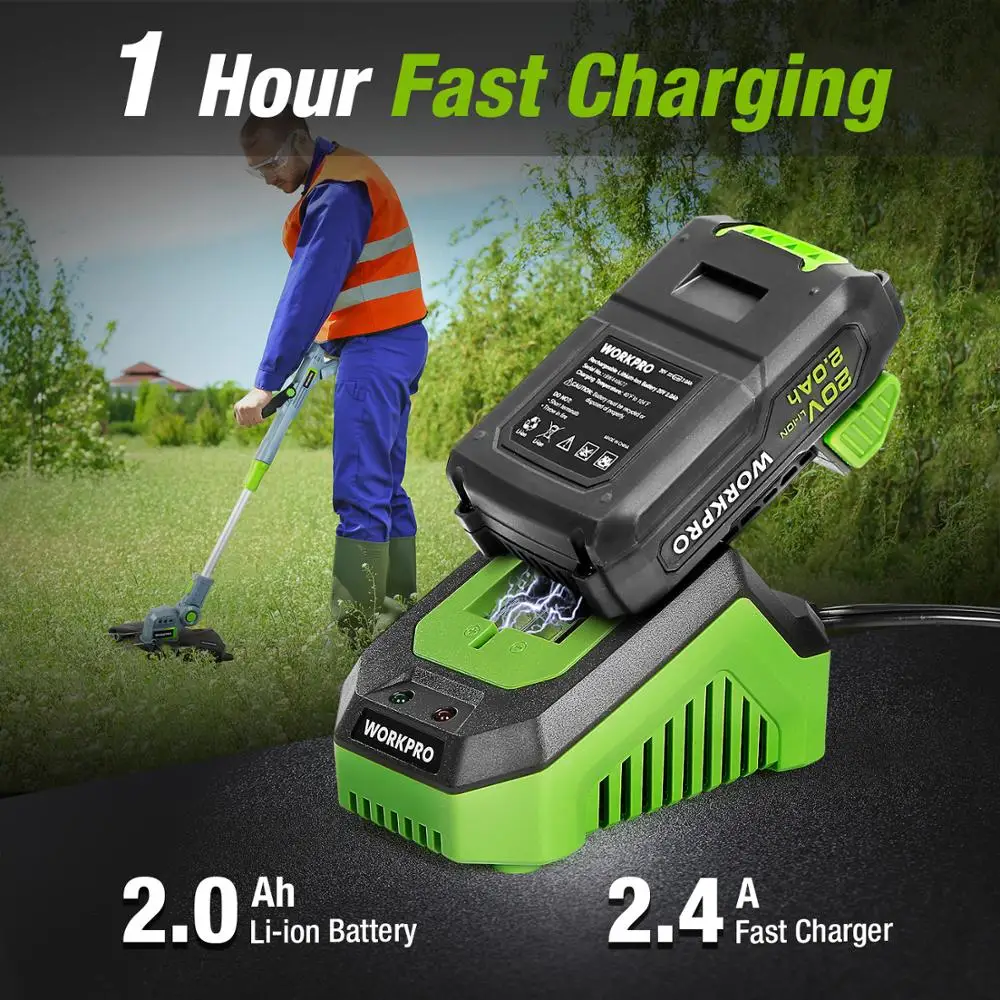 Workpro 20V 12 "Cordless Gras Trimmer Set Elektrische Grasmaaier 2000Mah Li-Ion Auto Release String Cutter Snoeien tuingereedschap