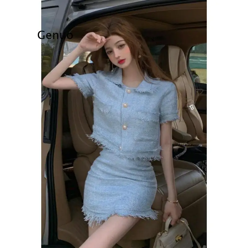 

Elegant 2 Piece Sets Vintage Fashion Tweed Single-Breasted Tassel Crop Top + High Waist A-line Mini Skirts Women Clothes