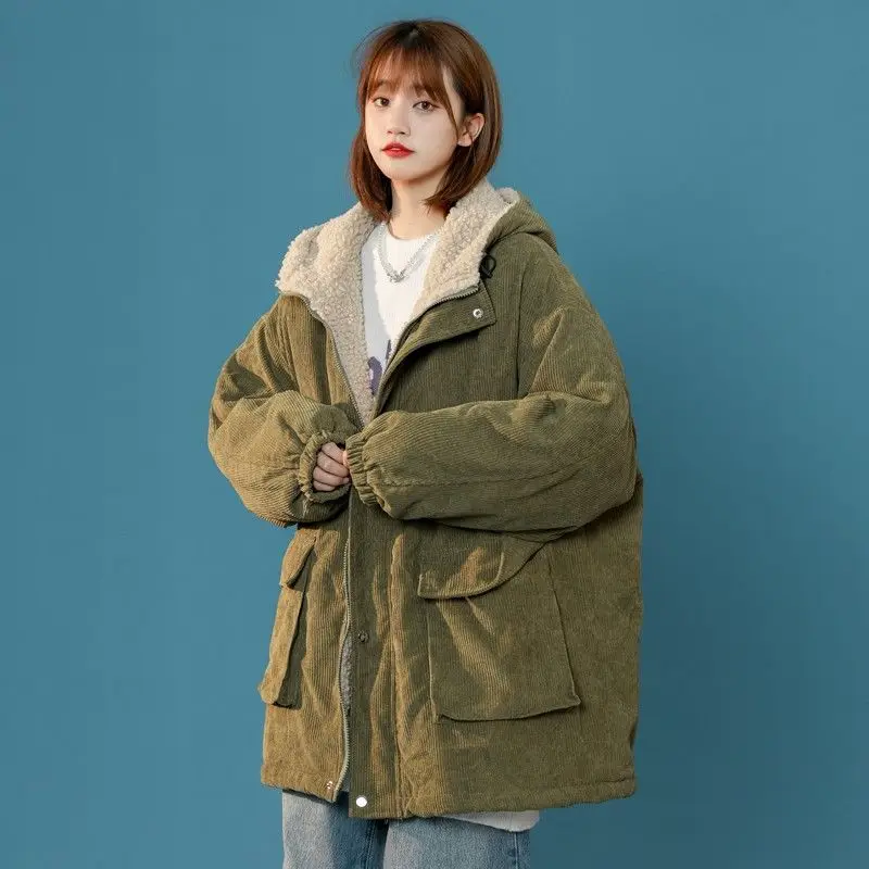 Parkas Women Hooded Corduroy Fashion Korean Style Aesthetic All Match Thicken Simple Tender Collage Winter Street Wear Loose