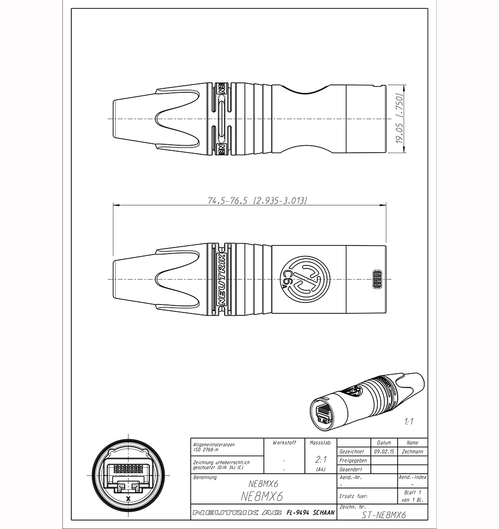 NEUTRIK NE8MX6 EtherCON CAT6A Netzwerkkabelstecker XLR RJ45 Stecker Robuste Metallabschirmung Industrielles Ethernet-Audiosignalübertragung – Detail 2