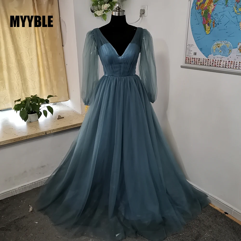 Myyble Nieuwe Collectie V-hals Tank Mouwen Avond Party Jurken Dusty Blue Formele Gowns Vestidos De Noche Largo Prom Jurk 2021