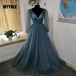 MYYBLE ใหม่ V คอแขน Evening Party Dresses Dusty Blue Gowns อย่างเป็นทางการ Vestidos De Noche Largo พรหมชุด2021