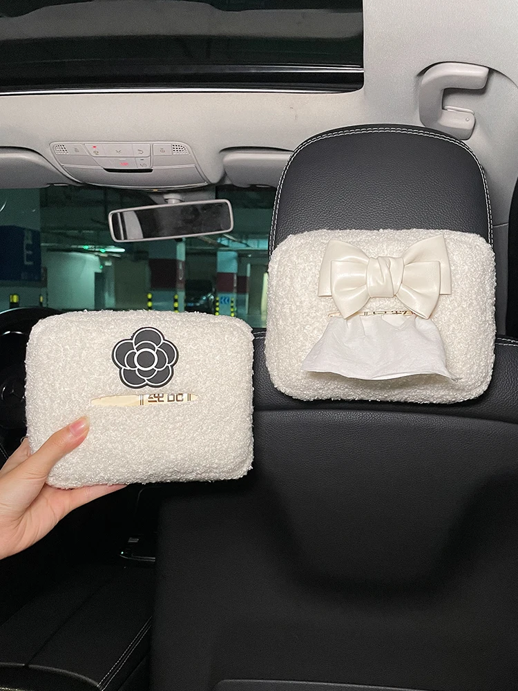 High Quality Lamb Wool Plush Car Interior Decorations Camellia Bowknot Hanging Car Seat Back Tissue Box