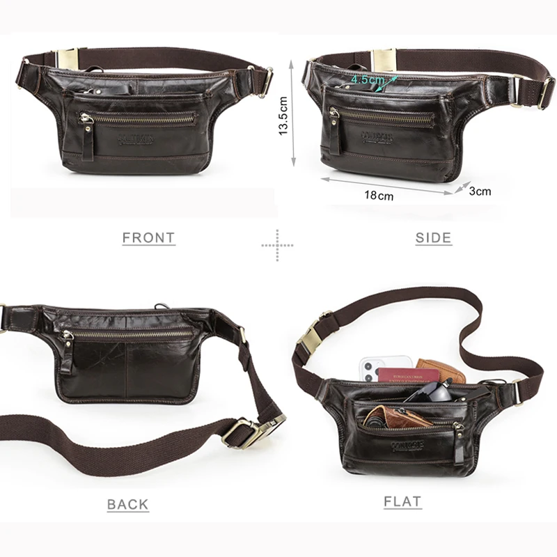 CONTACT\'S Genuine Leather Men Waist Pack Casual Male Fanny Pack Waist Bag Banana Pouch Cell Phone Travel Crossbody Chest Bags