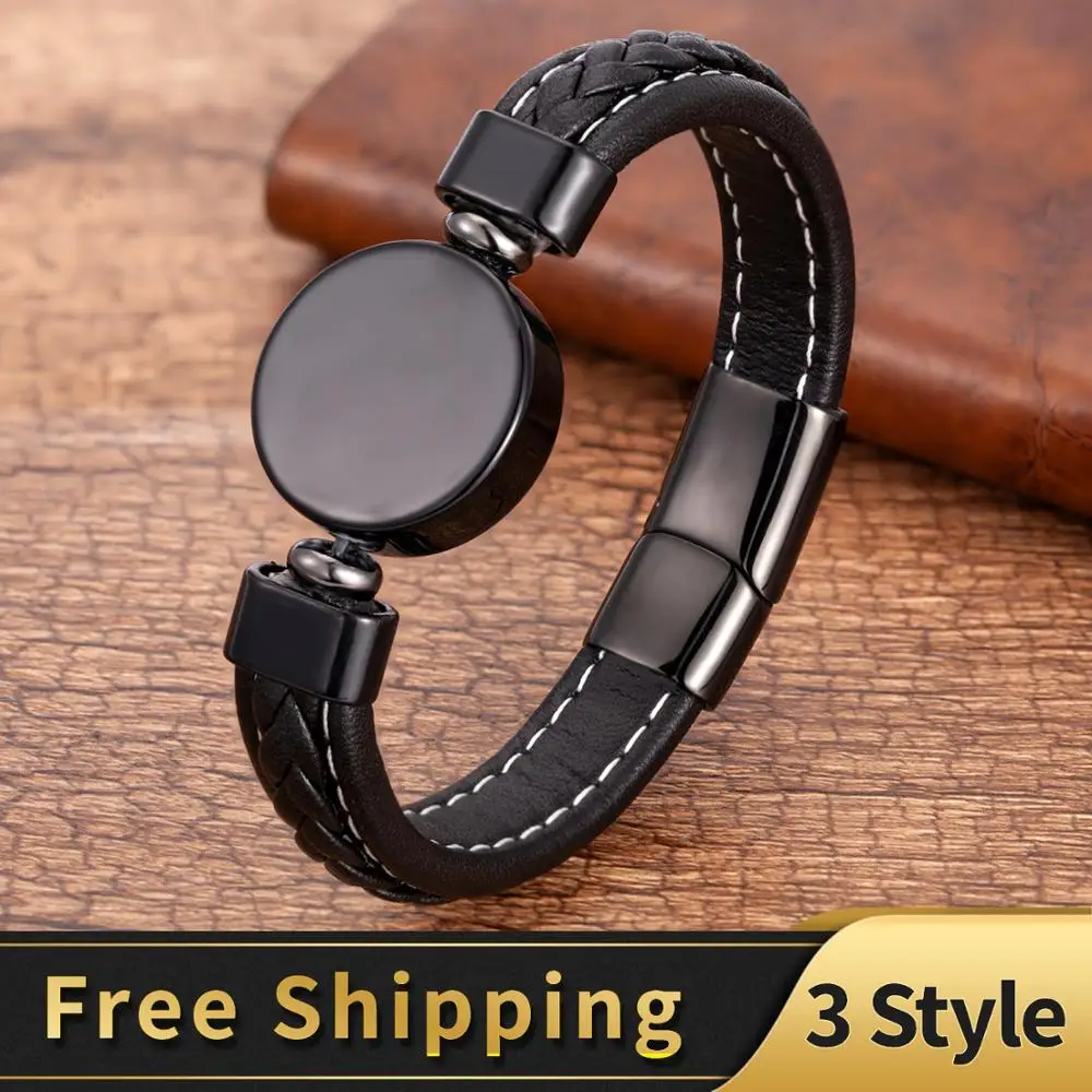 Charm Stone Bracelets Classic Black Weave Leather Rope Chain Natural Round Stone Bangles & Bracelet 2020 Fashion Men's Jewelry