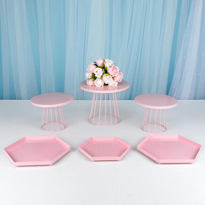 1-6pcs   Metal Cake Stand Set Birthday Party Macaron Cupcake Rack Stand For Wedding Pink