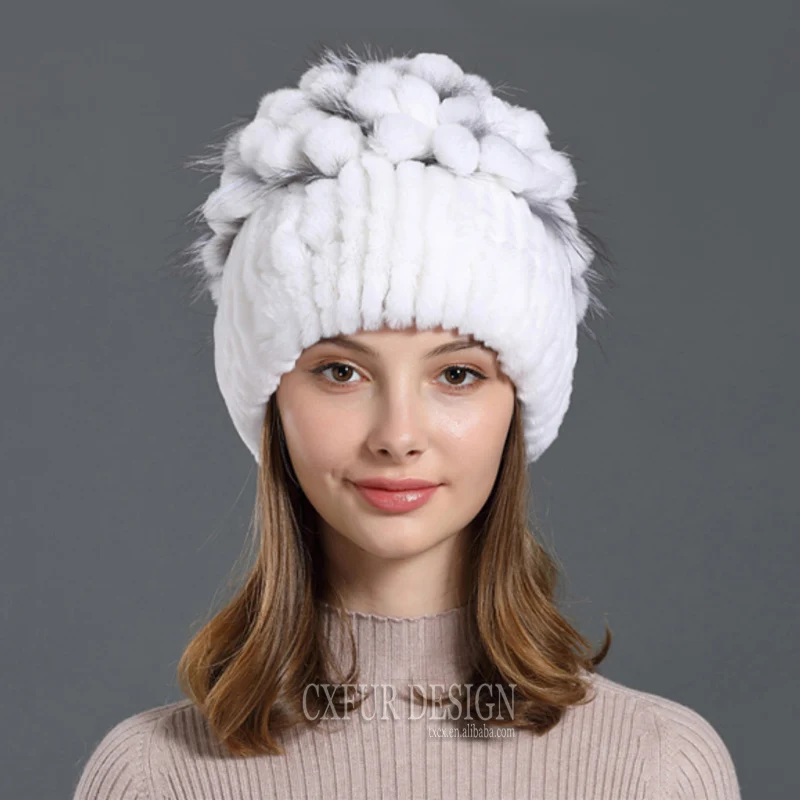 Ladies Elegant American Warm Beanie Real Rex Rabbit Fur Knitted Women Beanies CX-C-245C