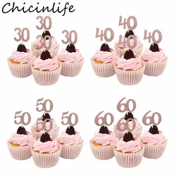 10Pcs Rose Gold 30th 40th 50th 60th Birthday Cupcake Toppers For Adult 30 Year Birthday Party Anniversary Cake Decor Supplies